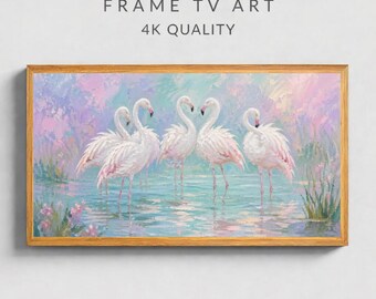 Flamingo Frame TV Art, Pink Flamingo Wall Art, Pastel Bird Painting, 16:9 Digital Download, Cottagecore Coastal Decor