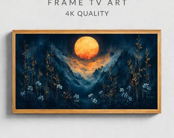 Moon Landscape Frame TV Art, Dark Blue Fantasy Mountain Sky (Digital Download)