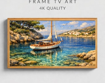 Mediterranean Sailboat Frame TV Art, Coastal Seascape , Digital Download