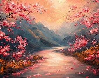 Magnolia Blossom Frame TV Art, Pink Floral Landscape, Impasto Style Wall Art, 16x9 Samsung Frame TV Art, Sunset Nature Decor