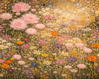 Klimt-stil Vildblomsängsram TV-konst, guldfärgad blommig digital konst, vintage botanisk väggkonst