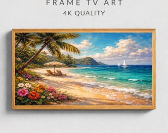 Tropical Beach Frame TV Art, Coastal Oil Painting, Summer Wall Art