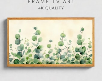 Stampa acquerello di eucalipto, cornice botanica verde salvia, arte televisiva (download digitale 16:9)