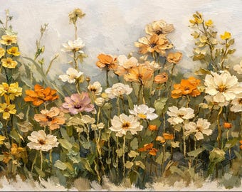 Vildblomsängsram TV-konst, texturerad oljemålning, neutral bohemisk inredning, rustik