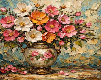 Vintage Impasto Blombukett Ram TV-konst 16x9, 4K Digital Nedladdning, Klassisk Vas Väggkonst