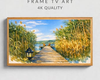 Cornice ad acquerello con molo costiero e TV.