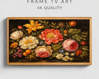 Vintage Floral Oil Painting, Dark Background Flower Art, Baroque Style Wall Decor, Classic European Art, Frame TV Art 16x9 Digital Download