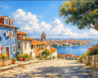 Konst i Porto Ribeira-distriktet, färgglad stadsbild i den gamla staden, utsikt över Medelhavet (digital nedladdning 16:9)