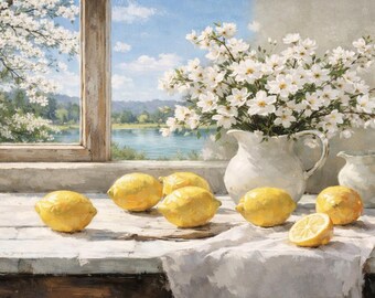 FRAME TV-konst Citroner och körsbärsblommor, vår Samsung Frame TV-konst rustikt bondgårdskök, vintagemålning citrusfruktstuga