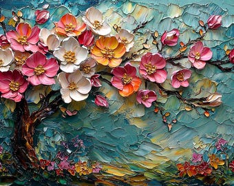 Blommig trädmålning med impastomotiv, blågrön bakgrund, Samsung Frame TV-konst (digital nedladdning)