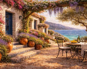 Medelhavsvilla med ram för TV, målning av kustterrass och hav (digital nedladdning)