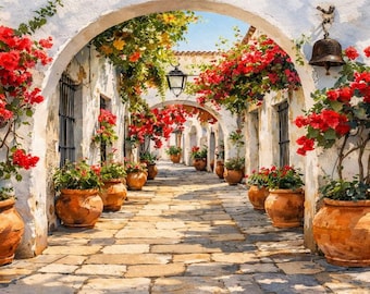 Sevilla Spanien Ram TV-konst, Akvarelltryck, Medelhavsväggkonst för uteplats, Spansk resedekor,