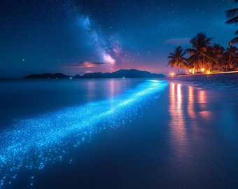 Bioluminiserande strandnatt-TV-konst, tropisk stjärnhimmel kusttryck (digital nedladdning)