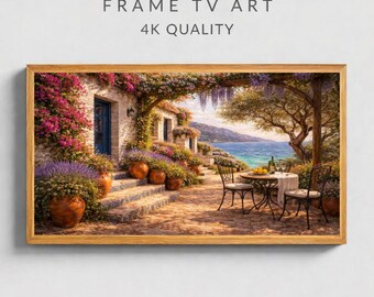 Mediterranean Villa Frame TV Art, Coastal Terrace Seaside Painting (Digital Download)