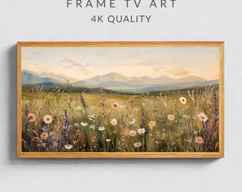 Cuadro decorativo para TV con diseño de pradera de flores silvestres, paisaje de montaña y flores primaverales (formato Samsung), formato 16:9 (descarga digital).