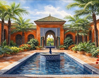 Marockansk innergård med akvarellram och TV-konst, väggkonst med medelhavsoas (digital nedladdning 16:9)