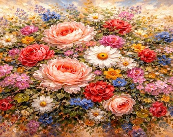 Mors dag-TV-konst med ram, Impasto-blombukett, Samsung-TV med ram 16x9, oljemålningar med blommor, väggkonst i Cottagecore, present till mamma