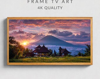 Bali Frame TV Art, Mount Agung Sunset, Pura Lempuyang Temple View, Tropical Landscape Wall Art, 16:9 Digital Download