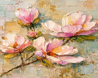 Magnolia Impasto Frame TV Art, Pink Floral Wall Art, Textured Oil Painting Style, 16x9 Samsung Frame TV Art, Pastel Botanical Decor