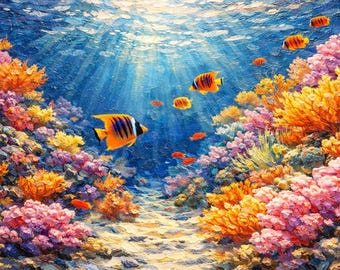 Färgglad TV-konst med ram för korallrev | Väggkonst för undervattenshavet