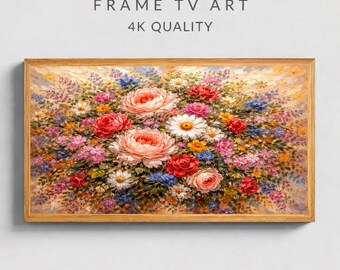 Cornice per TV per la Festa della Mamma, Bouquet Floreale a Impasto, Cornice TV Samsung 16x9, Fiori dipinti ad Olio, Decorazione da Parete Cottagecore, Regalo per la Mamma