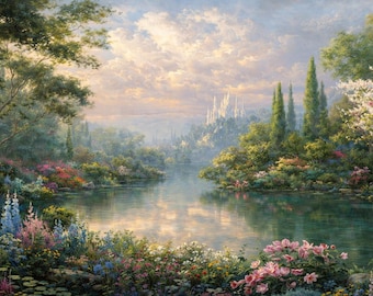 Romantisk trädgårdssjöväggkonst för TV-ram, digital nedladdning av fantasilandskap,