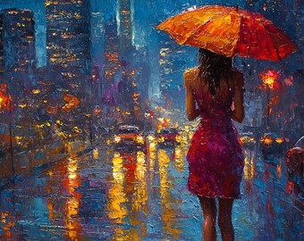 Rainy City Umbrella Woman Frame TV Art, Moody Night Street Painting, Impressionist Wall Art