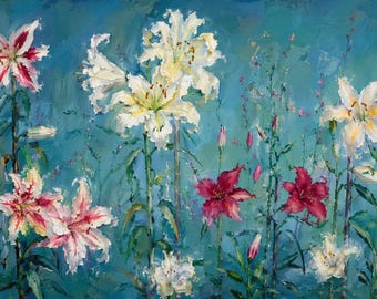 Blue Lily Frame TV Art, Floral Oil Painting, Samsung Frame TV Art, Elegant Botanical Wall Decor