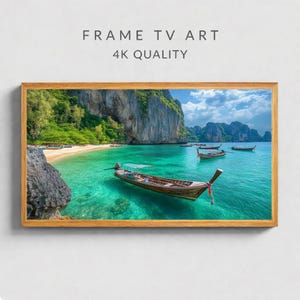 Tropischer Strand Rahmen TV Art, Thailand Longtail Boot Küstenlandschaft (Digitaler Download)