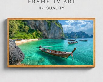 Tropical Beach Frame TV Art, Thailand Longtail Boat Coastal Landscape (Digital Download)