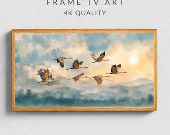 Flying Cranes Frame TV Art, Watercolor Bird Wall Art, 16:9 Digital Download, Neutral Blue Landscape, Coastal Living Room Decor