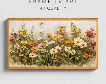 Wildflower Meadow Frame TV Art, Textured Oil Painting, Neutral Boho Decor, Rustic