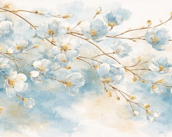 Blå blommig ram TV-konst, mjuk akvarellblommig väggkonst