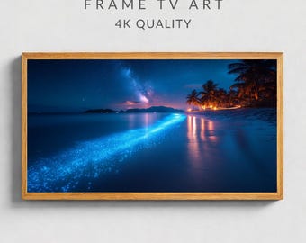 Bioluminescent Beach Night Frame TV Art, Tropical Starry Sky Coastal Print (Digital Download)