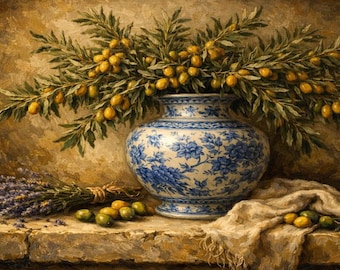 Blåvit Chinoiserie Olivvas Ram TV-konst, Vintage oljemålning, Digital nedladdning