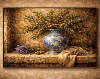Blue White Chinoiserie Olive Vase Frame TV Art,  Vintage Oil Painting,  Digital Download