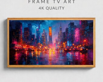 Cornice TV con paesaggio urbano piovoso al neon, download digitale di una notte urbana colorata, moderna grafica astratta con luci cittadine per Samsung TV.