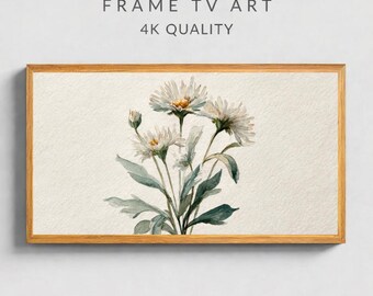 Minimalist Daisy Frame TV Art, Watercolor Floral Wall Art, Neutral Botanical TV Art, Samsung Frame TV