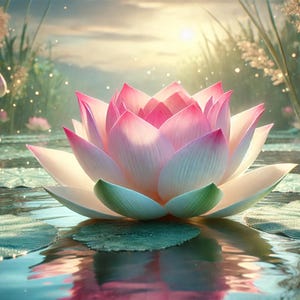 Può includere: Un'immagine serena di un fiore di loto rosa in piena fioritura, che galleggia sull'acqua. I petali del fiore passano dal bianco al rosa, con accenti verdi. Altri fiori di loto e foglie di ninfea sono visibili sullo sfondo.
