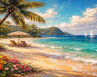 Tropisk strandram TV-konst, kustoljemålning, sommarväggkonst