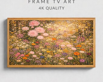Quadro con cornice in stile Klimt raffigurante un prato fiorito, arte digitale floreale dorata, arte botanica vintage da parete.