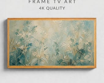 Cuadro decorativo floral azul verdoso suave para TV, lienzo botánico texturizado para TV, lienzo para TV Hisense, descarga digital 4K para Samsung Frame