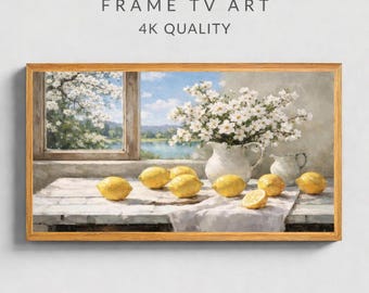 Quadro TV FRAME con limoni e fiori di ciliegio, primavera. Quadro TV Samsung Frame in stile rustico da fattoria, cucina rustica, dipinto in stile vintage con agrumi.