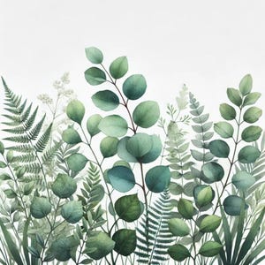 May include: Watercolor illustration of various green plants and foliage against a white background. The image features eucalyptus leaves, ferns, and other greenery in shades of green and blue-green.