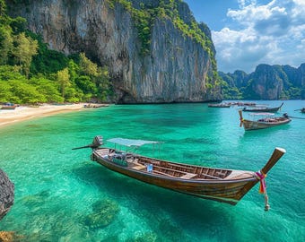 Tropisk strandbild med TV-konst, kustlandskap med långstjärtsbåt i Thailand (digital nedladdning)