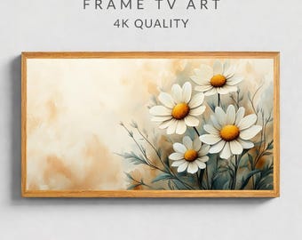 Stampa acquerello di margherite, decorazione murale floreale beige, arredamento Cottagecore (download digitale 16:9)