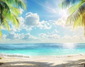 Tropisk strandram TV-konst, palmträdstryck med hav, kustväggdekoration (digital nedladdning)