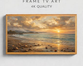 Golden Beach Sunset Frame TV Art, Coastal Ocean Wall Art,  Seashell Beach Painting, Mediterranean Sunset TV Art