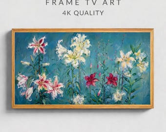 Blue Lily Oil Painting Frame TV Art, Botanical Floral Wall Decor (Digital Download)