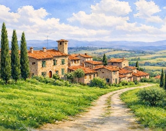 Toskansk by akvarell ram TV-konst, italienskt landsbygdslandskap, rustik bondgårdsdekor (digital nedladdning)